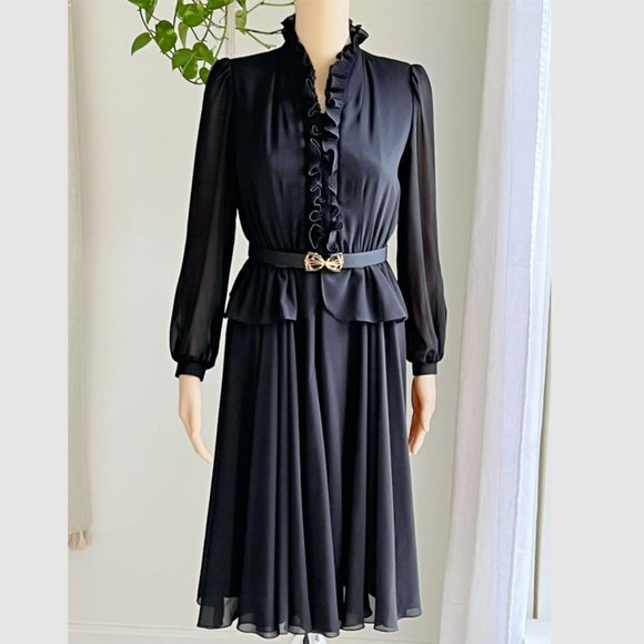 Vintage Dresses & Skirts - Japanese VINTAGE Goth Black LAMBALLE Long Sleeve Secretary Dress Small RARE